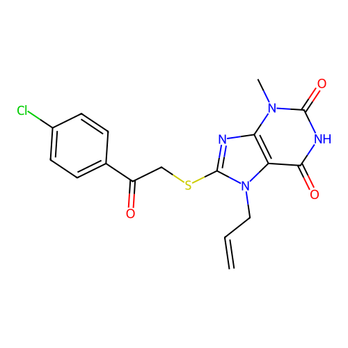 7-allyl-8-((2-(4-chlorophenyl)-2-oxoethyl)thio)-3-methyl-1H-purine-2,6(3H,7H)-dione structure