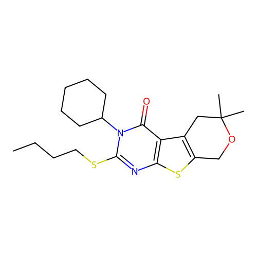 2-(butylsulfanyl)-3-cyclohexyl-6,6-dimethyl-3,5,6,8-tetrahydro-4H-pyrano[4',3':4,5]thieno[2,3-d]pyrimidin-4-one structure