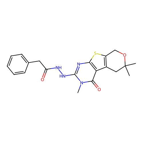 2-phenyl-N'-(3,6,6-trimethyl-4-oxo-3,5,6,8-tetrahydro-4H-pyrano[4',3':4,5]thieno[2,3-d]pyrimidin-2-yl)acetohydrazide structure