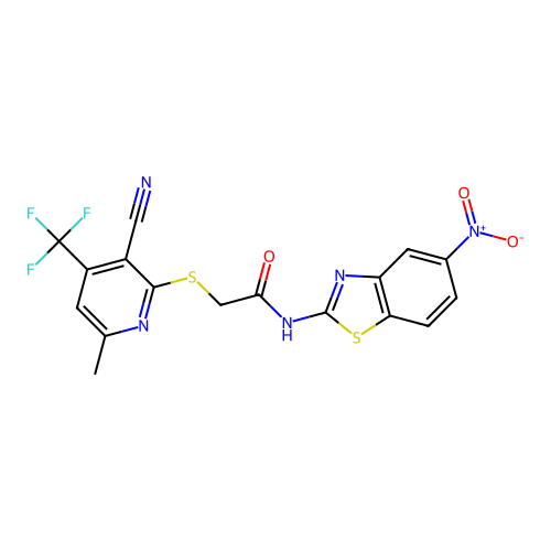 2-((3-cyano-6-methyl-4-(trifluoromethyl)pyridin-2-yl)thio)-N-(5-nitrobenzo[d]thiazol-2-yl)acetamide structure