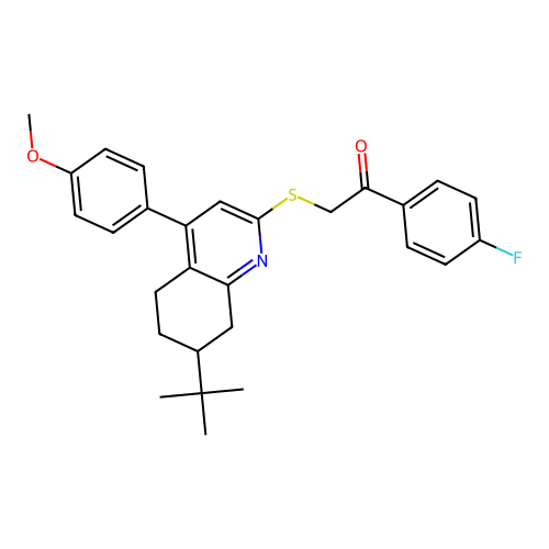 2-((7-(tert-butyl)-4-(4-methoxyphenyl)-5,6,7,8-tetrahydroquinolin-2-yl)thio)-1-(4-fluorophenyl)ethanone structure