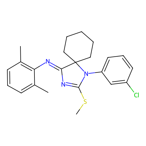 (Z)-N-(1-(3-chlorophenyl)-2-(methylthio)-1,3-diazaspiro[4.5]dec-2-en-4-ylidene)-2,6-dimethylaniline structure