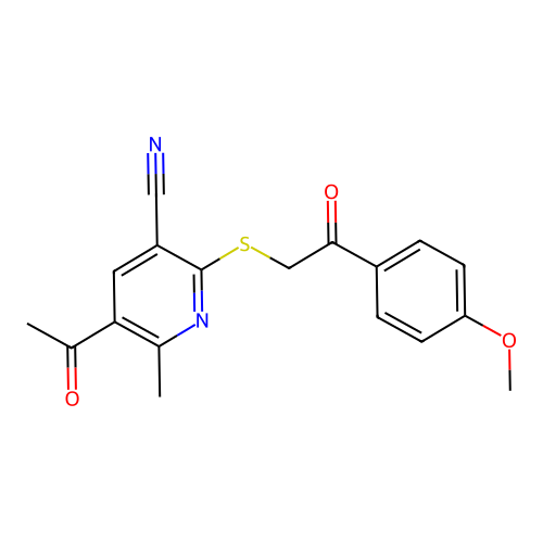 5-acetyl-2-((2-(4-methoxyphenyl)-2-oxoethyl)thio)-6-methylnicotinonitrile structure