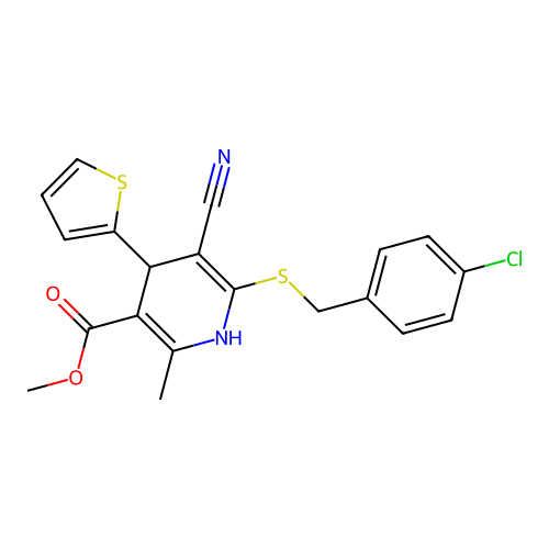 methyl 6-((4-chlorobenzyl)thio)-5-cyano-2-methyl-4-(thiophen-2-yl)-1,4-dihydropyridine-3-carboxylate structure
