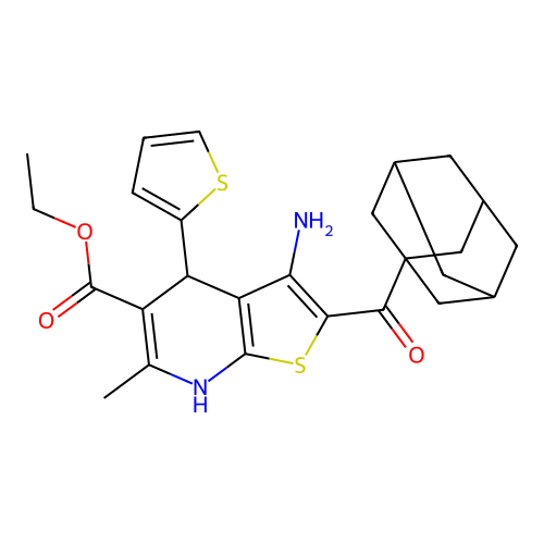 ethyl 3-amino-6-methyl-4-(thiophen-2-yl)-2-(tricyclo[3.3.1.1~3,7~]dec-1-ylcarbonyl)-4,7-dihydrothieno[2,3-b]pyridine-5-carboxylate structure