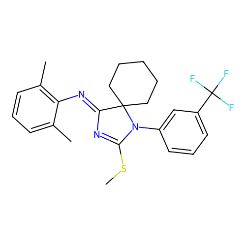 (Z)-2,6-dimethyl-N-(2-(methylthio)-1-(3-(trifluoromethyl)phenyl)-1,3-diazaspiro[4.5]dec-2-en-4-ylidene)aniline structure