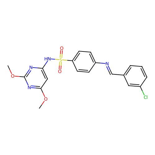 4-{[(E)-(3-chlorophenyl)methylidene]amino}-N-(2,6-dimethoxypyrimidin-4-yl)benzenesulfonamide structure
