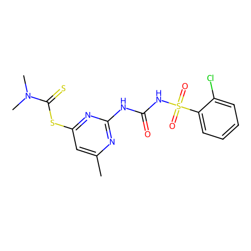 2-(3-((2-chlorophenyl)sulfonyl)ureido)-6-methylpyrimidin-4-yl dimethylcarbamodithioate structure