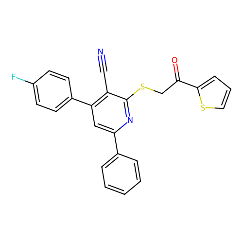 4-(4-fluorophenyl)-2-((2-oxo-2-(thiophen-2-yl)ethyl)thio)-6-phenylnicotinonitrile structure