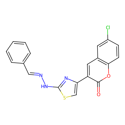 3-{2-[(2E)-2-benzylidenehydrazinyl]-1,3-thiazol-4-yl}-6-chloro-2H-chromen-2-one structure