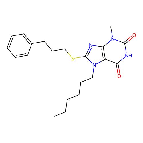7-Hexyl-3-methyl-8-(3-phenylpropylthio)-1,3,7-trihydropurine-2,6-dione structure