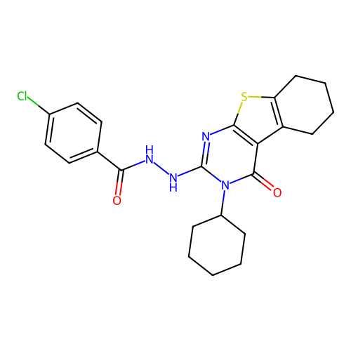 4-chloro-N'-(3-cyclohexyl-4-oxo-3,4,5,6,7,8-hexahydrobenzo[4,5]thieno[2,3-d]pyrimidin-2-yl)benzohydrazide structure