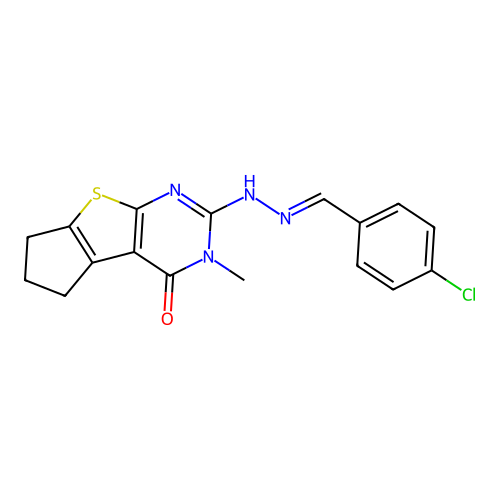 2-[(2E)-2-(4-chlorobenzylidene)hydrazinyl]-3-methyl-3,5,6,7-tetrahydro-4H-cyclopenta[4,5]thieno[2,3-d]pyrimidin-4-one structure