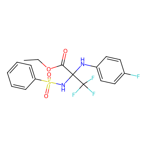 Ethyl 3,3,3-trifluoro-2-((4-fluorophenyl)amino)-2-(phenylsulfonamido)propanoate structure