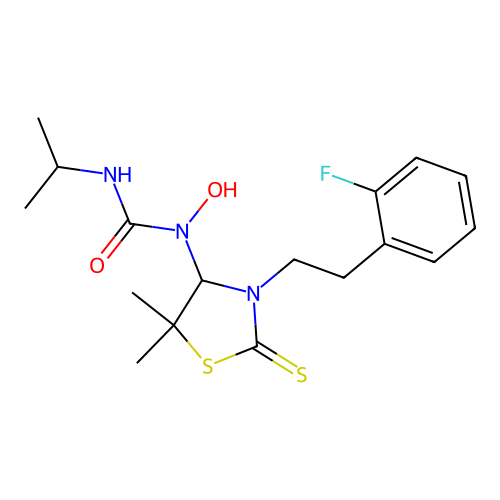 1-(3-(2-fluorophenethyl)-5,5-dimethyl-2-thioxothiazolidin-4-yl)-1-hydroxy-3-isopropylurea structure