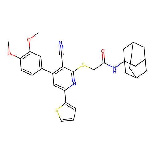 2-{[3-cyano-4-(3,4-dimethoxyphenyl)-6-(thiophen-2-yl)pyridin-2-yl]sulfanyl}-N-(tricyclo[3.3.1.1~3,7~]dec-1-yl)acetamide structure