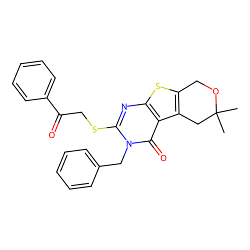 3-benzyl-6,6-dimethyl-2-((2-oxo-2-phenylethyl)thio)-5,6-dihydro-3H-pyrano[4',3':4,5]thieno[2,3-d]pyrimidin-4(8H)-one structure