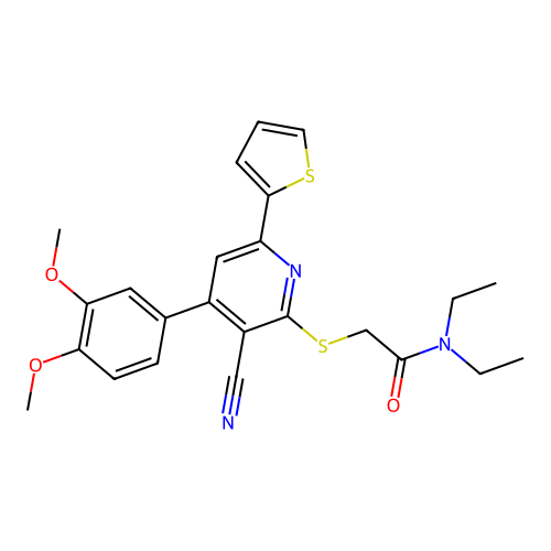 2-((3-cyano-4-(3,4-dimethoxyphenyl)-6-(thiophen-2-yl)pyridin-2-yl)thio)-N,N-diethylacetamide structure