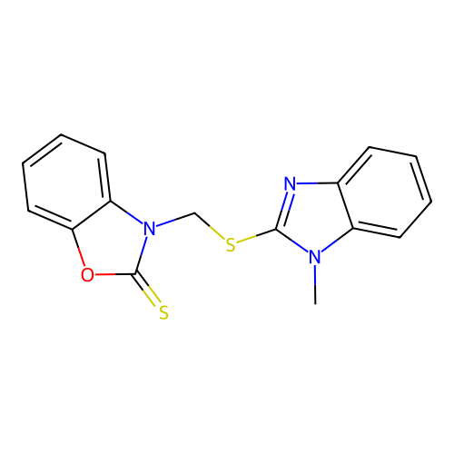 3-(((1-methyl-1H-benzo[d]imidazol-2-yl)thio)methyl)benzo[d]oxazole-2(3H)-thione structure