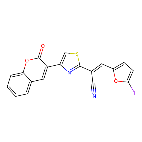 (E)-3-(5-iodofuran-2-yl)-2-(4-(2-oxo-2H-chromen-3-yl)thiazol-2-yl)acrylonitrile structure