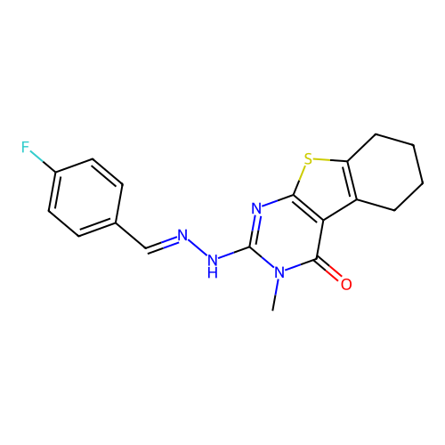 2-[(2E)-2-(4-fluorobenzylidene)hydrazinyl]-3-methyl-5,6,7,8-tetrahydro[1]benzothieno[2,3-d]pyrimidin-4(3H)-one structure