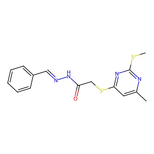 (E)-N'-benzylidene-2-((6-methyl-2-(methylthio)pyrimidin-4-yl)thio)acetohydrazide structure