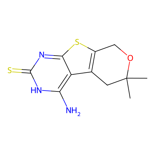 4-amino-6,6-dimethyl-5,8-dihydro-6H-pyrano[4',3':4,5]thieno[2,3-d]pyrimidine-2-thiol structure
