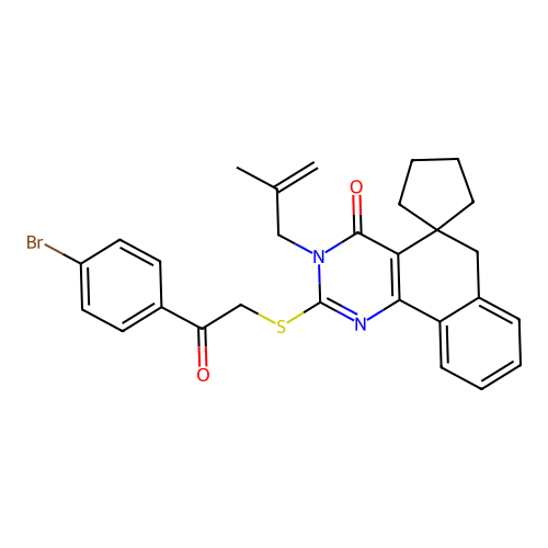 2-((2-(4-bromophenyl)-2-oxoethyl)thio)-3-(2-methylallyl)-3H-spiro[benzo[h]quinazoline-5,1'-cyclopentan]-4(6H)-one structure