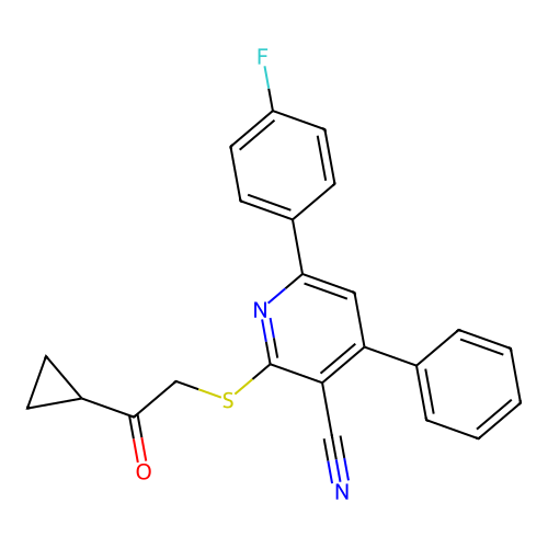 2-((2-cyclopropyl-2-oxoethyl)thio)-6-(4-fluorophenyl)-4-phenylnicotinonitrile structure