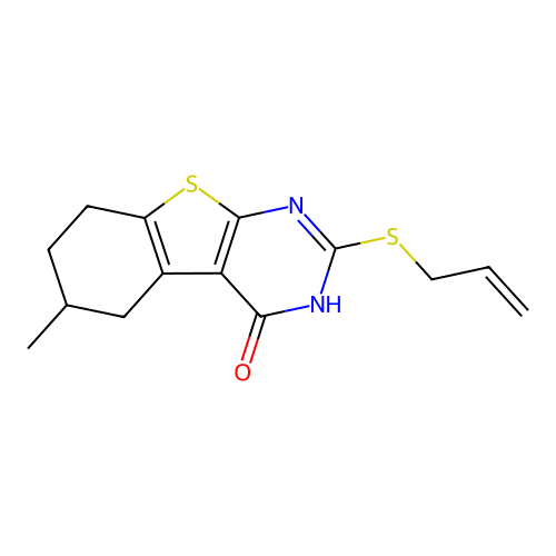 2-(allylthio)-6-methyl-5,6,7,8-tetrahydrobenzo[4,5]thieno[2,3-d]pyrimidin-4(3H)-one structure