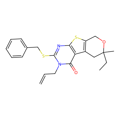 2-(benzylsulfanyl)-6-ethyl-6-methyl-3-(prop-2-en-1-yl)-3,5,6,8-tetrahydro-4H-pyrano[4',3':4,5]thieno[2,3-d]pyrimidin-4-one structure