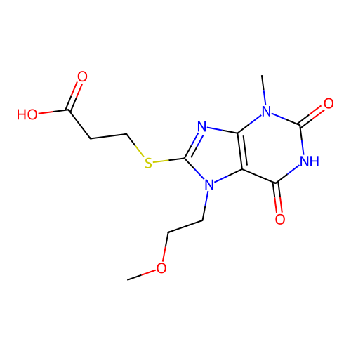 3-{[7-(2-methoxyethyl)-3-methyl-2,6-dioxo-2,3,6,7-tetrahydro-1H-purin-8-yl]sulfanyl}propanoic acid structure