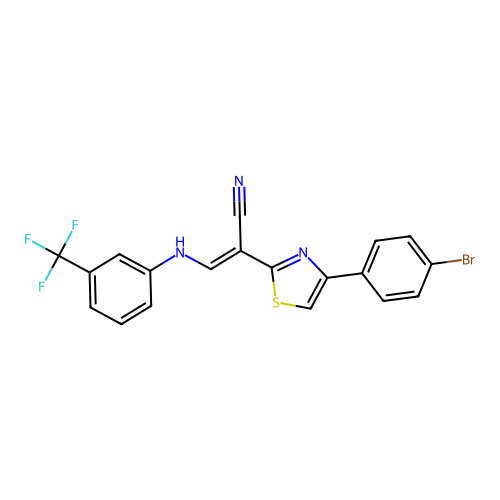 (E)-2-(4-(4-bromophenyl)thiazol-2-yl)-3-((3-(trifluoromethyl)phenyl)amino)acrylonitrile structure