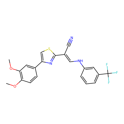 2-(4-(3,4-dimethoxyphenyl)thiazol-2-yl)-3-((3-(trifluoromethyl)phenyl)amino)acrylonitrile structure