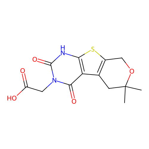 (2-hydroxy-6,6-dimethyl-4-oxo-5,8-dihydro-4H-pyrano[4',3':4,5]thieno[2,3-d]pyrimidin-3(6H)-yl)acetic acid structure
