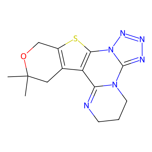10,10-dimethyl-5,6,7,9,10,12-hexahydropyrano[4',3':4,5]thieno[3,2-e]pyrimido[1,2-c]tetrazolo[1,5-a]pyrimidine structure