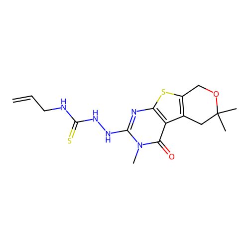 N-(prop-2-en-1-yl)-2-(3,6,6-trimethyl-4-oxo-3,5,6,8-tetrahydro-4H-pyrano[4',3':4,5]thieno[2,3-d]pyrimidin-2-yl)hydrazinecarbothioamide structure