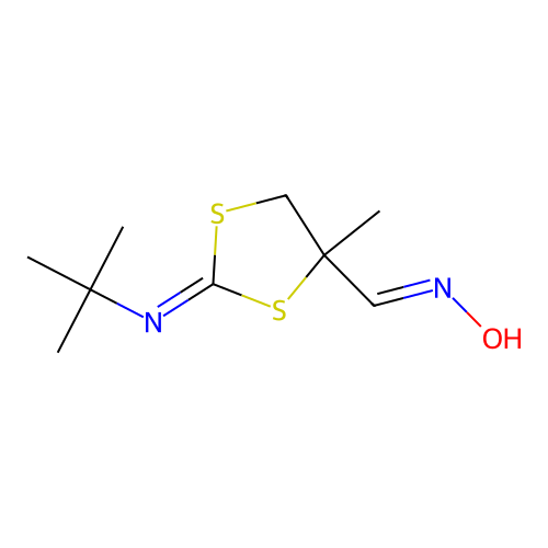 (E)-2-(tert-butylimino)-4-methyl-1,3-dithiolane-4-carbaldehyde oxime structure
