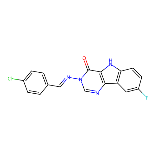 (E)-3-((4-chlorobenzylidene)amino)-8-fluoro-3H-pyrimido[5,4-b]indol-4(5H)-one structure