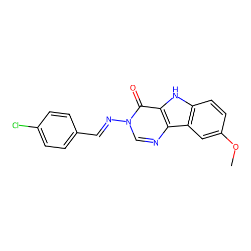 3-[(E)-(4-chlorophenyl)methylideneamino]-8-methoxy-5H-pyrimido[5,4-b]indol-4-one structure