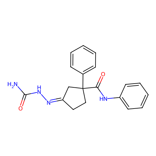 (Z)-2-(3-phenyl-3-(phenylcarbamoyl)cyclopentylidene)hydrazinecarboxamide structure