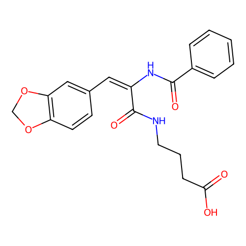 (E)-4-(2-benzamido-3-(benzo[d][1,3]dioxol-5-yl)acrylamido)butanoic acid structure