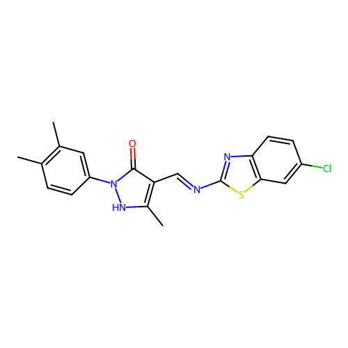 4-[(6-chloro-1,3-benzothiazol-2-yl)iminomethyl]-2-(3,4-dimethylphenyl)-5-methyl-1H-pyrazol-3-one structure