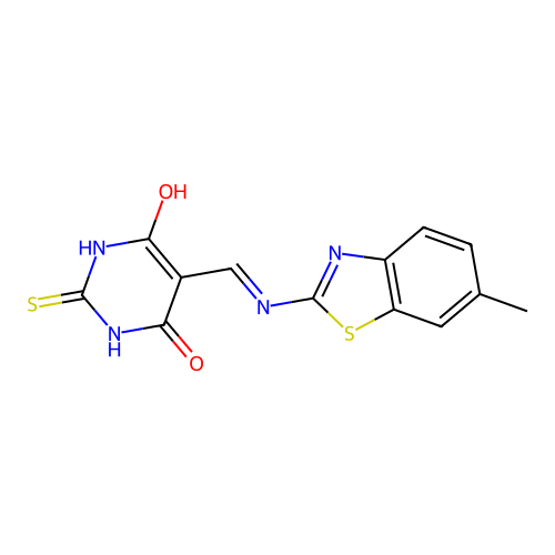 6-hydroxy-5-[(6-methyl-1,3-benzothiazol-2-yl)iminomethyl]-2-sulfanylidene-1H-pyrimidin-4-one structure