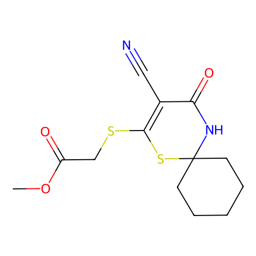 Methyl 2-({3-cyano-4-oxo-1-thia-5-azaspiro[5.5]undec-2-EN-2-YL}sulfanyl)acetate structure