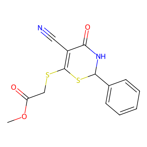 Methyl 2-[(5-cyano-4-oxo-2-phenyl-2,3-dihydro-1,3-thiazin-6-yl)sulfanyl]acetate structure