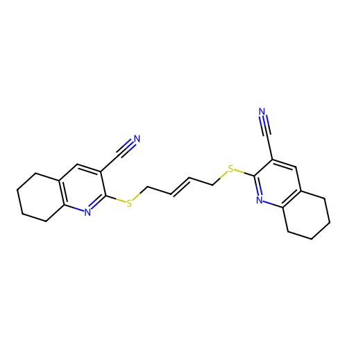 (E)-2,2'-(but-2-ene-1,4-diylbis(sulfanediyl))bis(5,6,7,8-tetrahydroquinoline-3-carbonitrile) structure