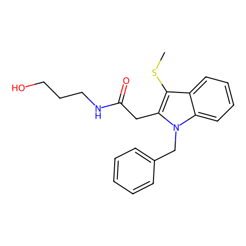 2-[1-benzyl-3-(methylsulfanyl)-1H-indol-2-yl]-N-(3-hydroxypropyl)acetamide structure