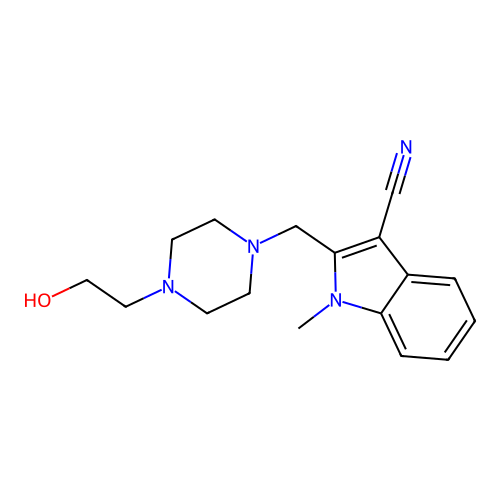 2-((4-(2-hydroxyethyl)piperazin-1-yl)methyl)-1-methyl-1H-indole-3-carbonitrile structure