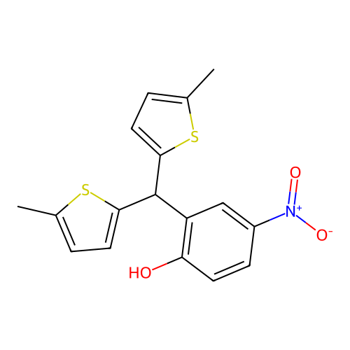 2-[Bis(5-methylthiophen-2-yl)methyl]-4-nitrophenol structure